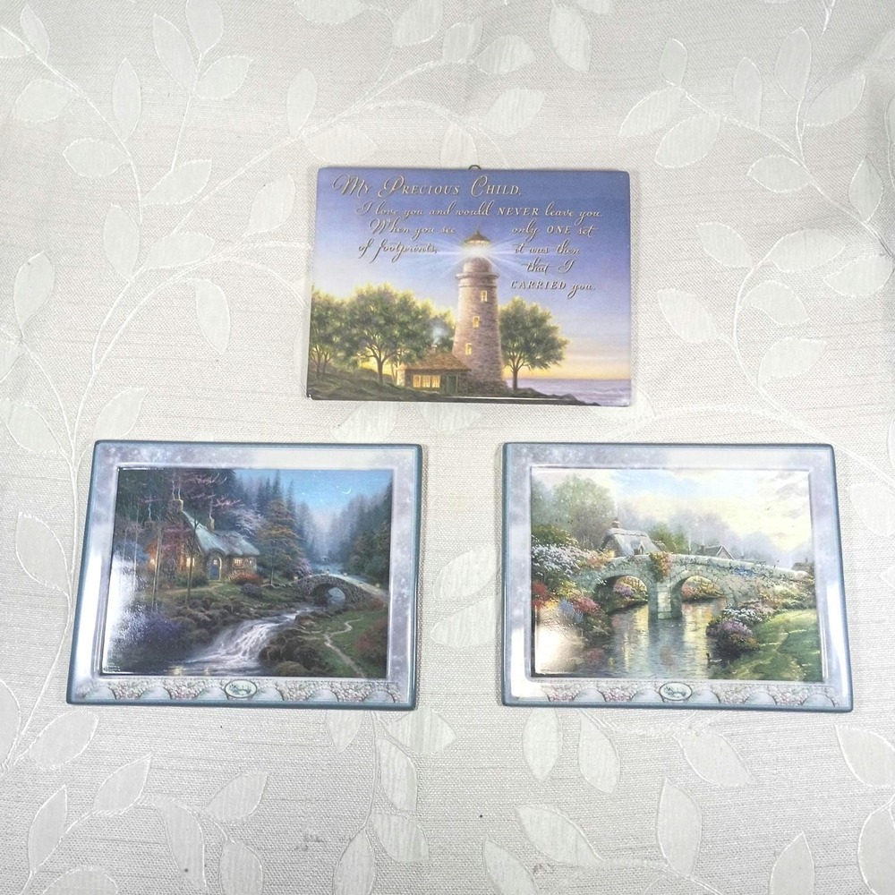 Thomas Kinkade Ceramic Plaque Set Footprints Lighthouse Cottage Stone Bridge 3pc